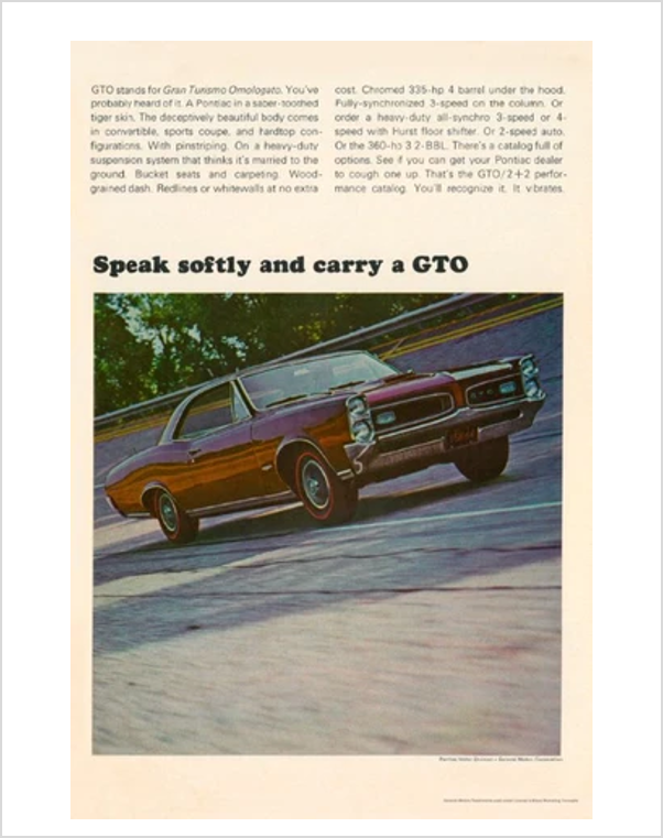 1966 GTO Speak Softly GM ad Banner or Metal sign