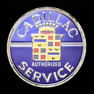 CADILLAC 1940's SERVICE ROUND EMBOSSED CHROME WALL DECOR 22" DIAMETER SIGN  (USA ORDERS ONLY)