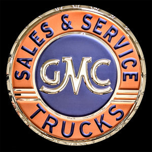 GMC TRUCKS 1930'S EMBOSSED CHROME METAL GARAGE SIGN  (USA ORDERS ONLY)