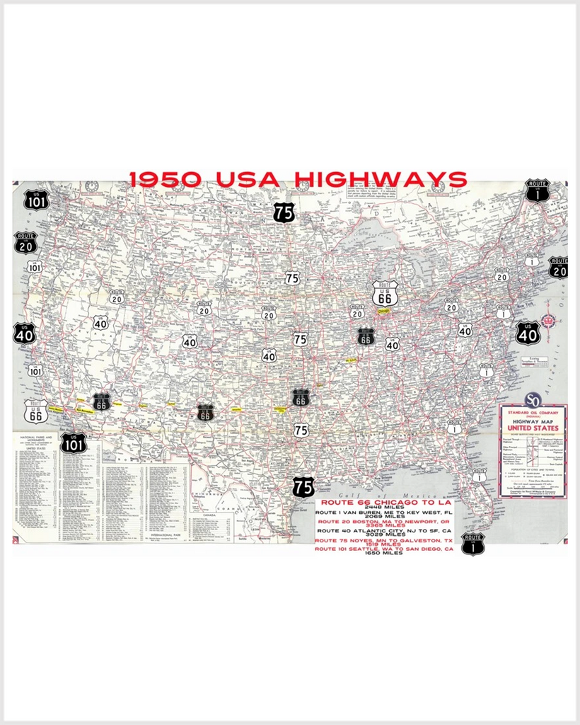 ROUTE 66 & US HIGHWAYS 1950 MAP Vinyl Garage Banner OR Metal Sign