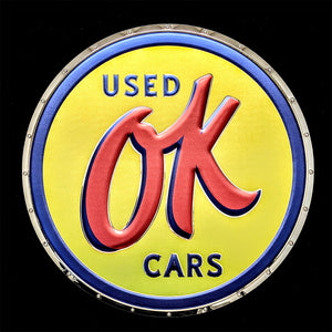 CHEVROLET OK USED CARS EMBOSSED CHROME GARAGE SIGN 22"  (USA ORDERS ONLY)
