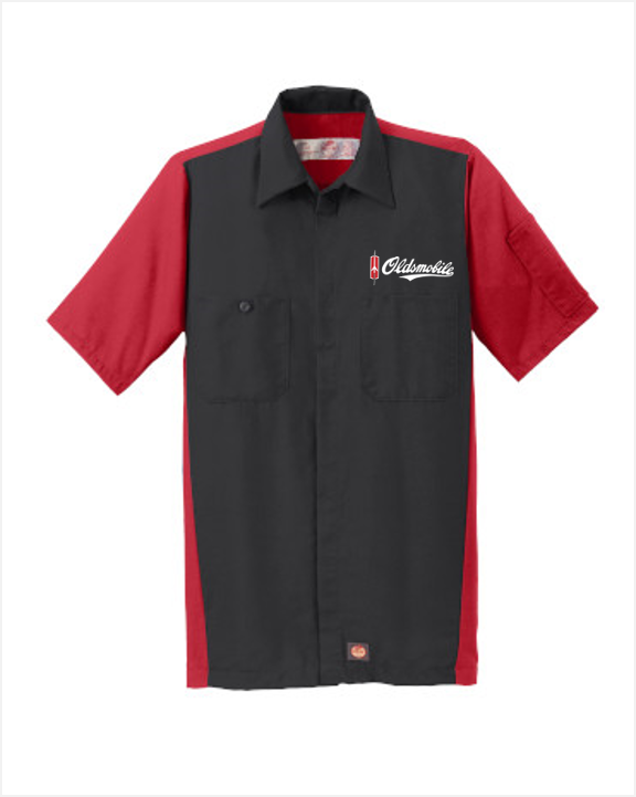 Oldsmobile Script and Rocket Red Kap Short Sleeve Two-Tone Mechanic Shirt