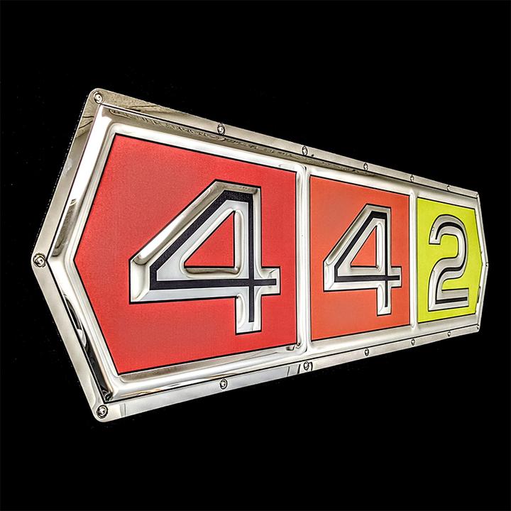 OLDSMOBILE 442 TRI-COLOR EMBOSSED CHROME METAL GARAGE SIGN (USA ORDERS ...