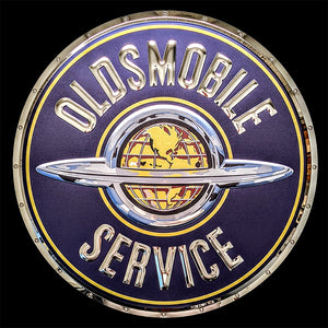 OLDSMOBILE SERVICE GLOBE EMBOSSED CHROME METAL GARAGE SIGN  (USA ORDERS ONLY)