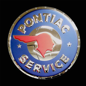 PONTIAC SERVICE 1940'S EMBOSSED CHROME METAL GARAGE SIGN (22" ROUND)  (USA ORDERS ONLY)