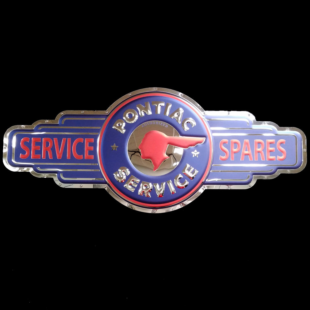 PONTIAC SERVICE / SPARES 1940'S EMBOSSED CHROME METAL GARAGE SIGN (35