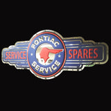 PONTIAC SERVICE / SPARES 1940'S EMBOSSED CHROME METAL GARAGE SIGN (35" WIDE)  (USA ORDERS ONLY)