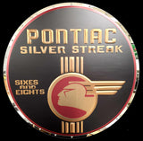 PONTIAC SILVER STREAK EMBOSSED CHROME METAL GARAGE SIGN (22" ROUND)  (USA ORDERS ONLY)